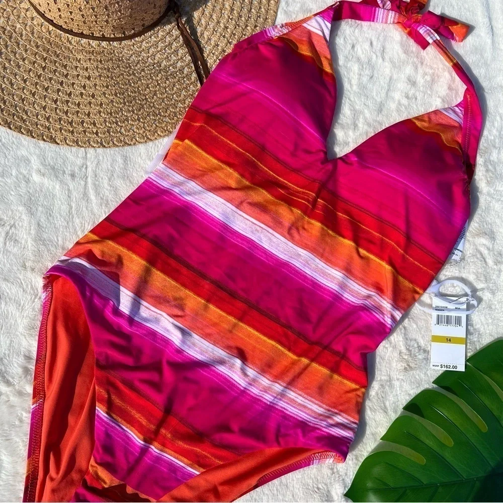 Trina Turk Solstice One Piece Swimsuit Size 14 Pink Orange Stripe Halter NWT
